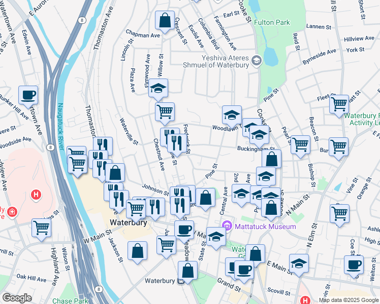 map of restaurants, bars, coffee shops, grocery stores, and more near 191 Hillside Avenue in Waterbury