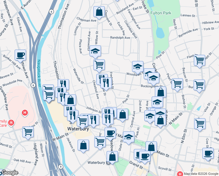 map of restaurants, bars, coffee shops, grocery stores, and more near 191 Hillside Avenue in Waterbury