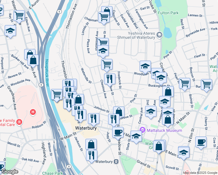 map of restaurants, bars, coffee shops, grocery stores, and more near 78 Chestnut Avenue in Waterbury
