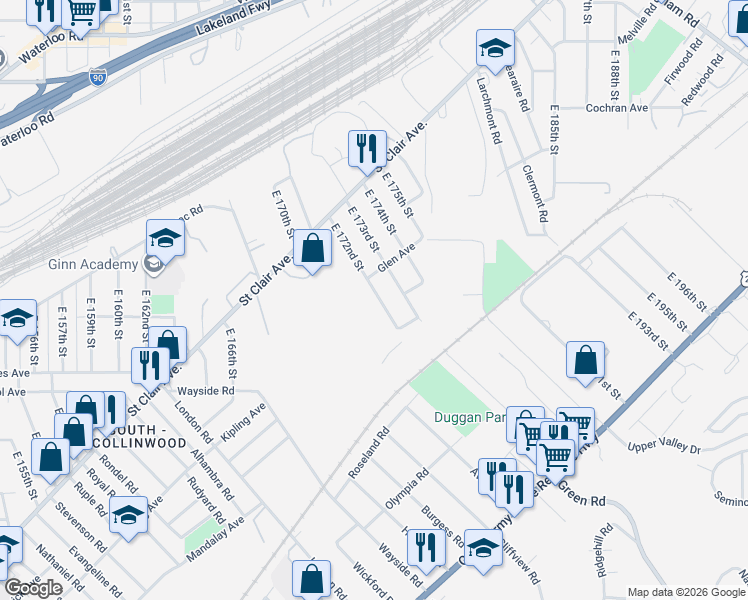 map of restaurants, bars, coffee shops, grocery stores, and more near 1538 East 172nd Street in Cleveland