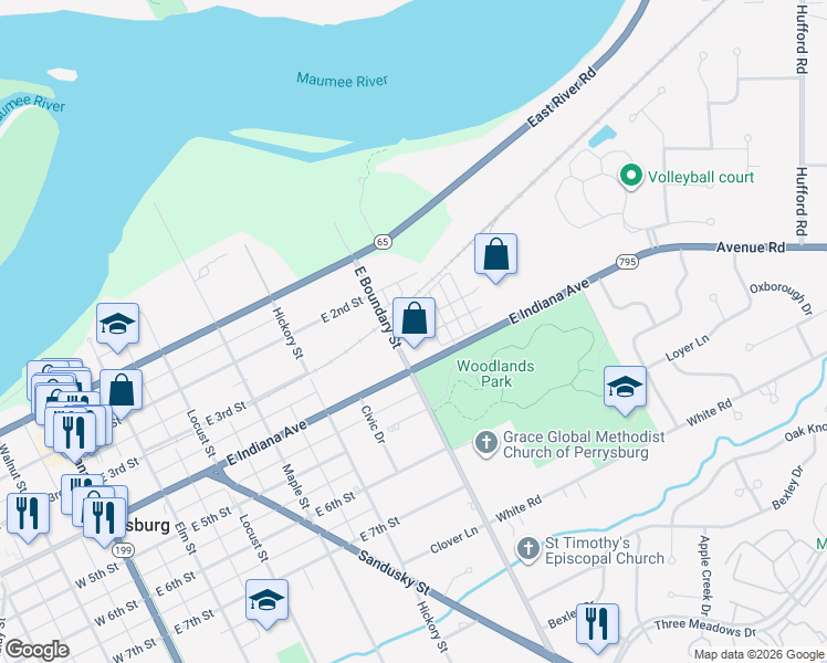 map of restaurants, bars, coffee shops, grocery stores, and more near 351 East Boundary Street in Perrysburg