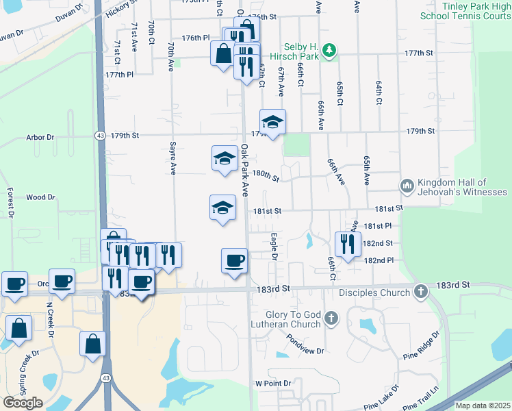 map of restaurants, bars, coffee shops, grocery stores, and more near 6737 181st Street in Tinley Park