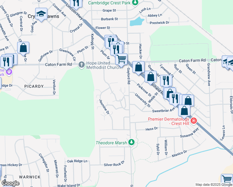map of restaurants, bars, coffee shops, grocery stores, and more near 2329 Carnation Drive in Crest Hill