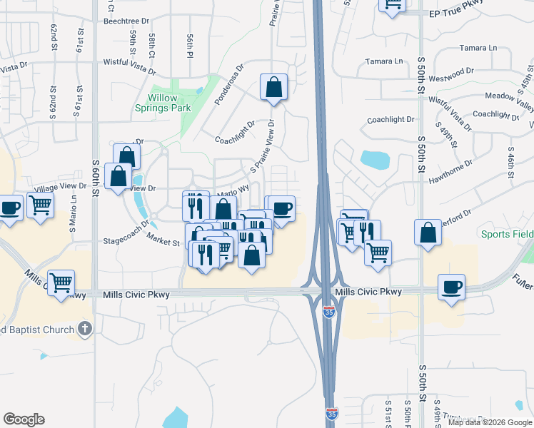 map of restaurants, bars, coffee shops, grocery stores, and more near 5405 Mills Civic Parkway in West Des Moines