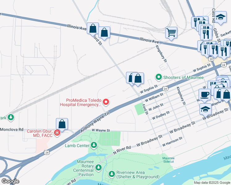 map of restaurants, bars, coffee shops, grocery stores, and more near 1020 Medical Center Parkway in Maumee