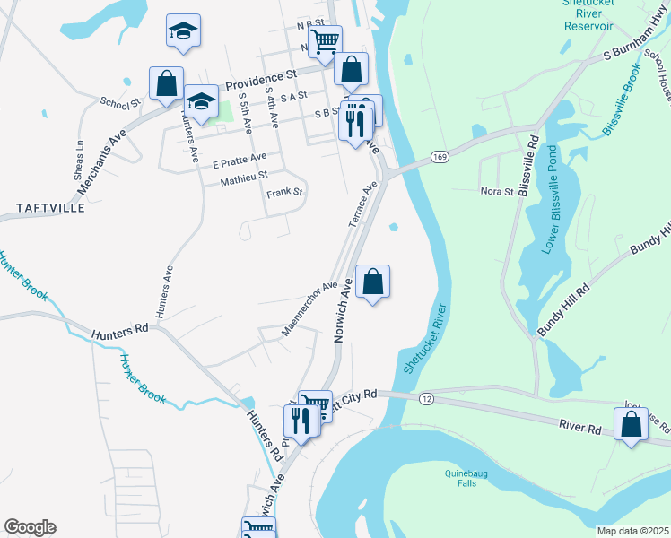 map of restaurants, bars, coffee shops, grocery stores, and more near 11 Terrace Avenue in Norwich