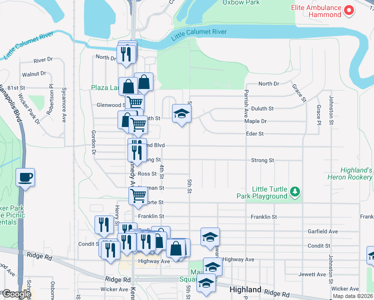map of restaurants, bars, coffee shops, grocery stores, and more near 2944 Grand Boulevard in Highland