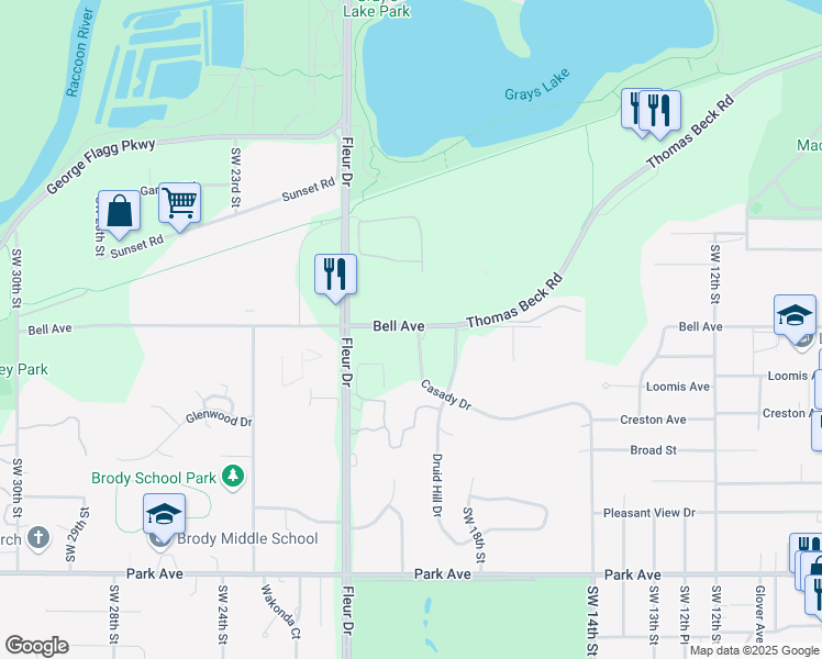 map of restaurants, bars, coffee shops, grocery stores, and more near 2339 Casady Drive in Des Moines