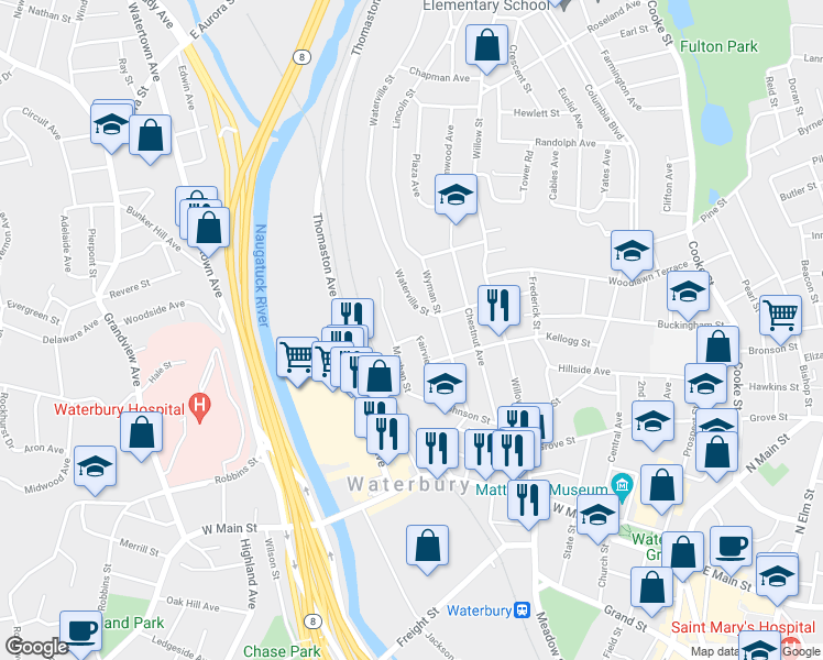 map of restaurants, bars, coffee shops, grocery stores, and more near 88 Fairview Street in Waterbury