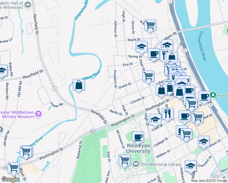 map of restaurants, bars, coffee shops, grocery stores, and more near 79 Prospect Street in Middletown