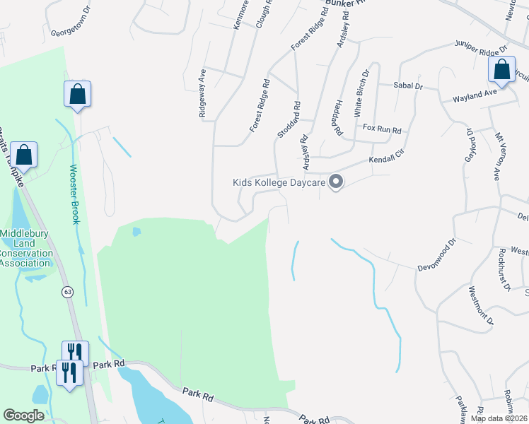 map of restaurants, bars, coffee shops, grocery stores, and more near 30 Oakcrest Circle in Waterbury