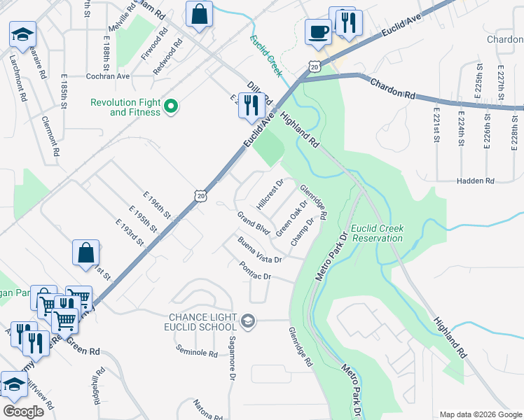 map of restaurants, bars, coffee shops, grocery stores, and more near 20000 Hillcrest Drive in Euclid
