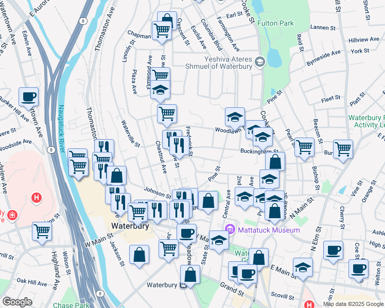 map of restaurants, bars, coffee shops, grocery stores, and more near 191 Hillside Avenue in Waterbury