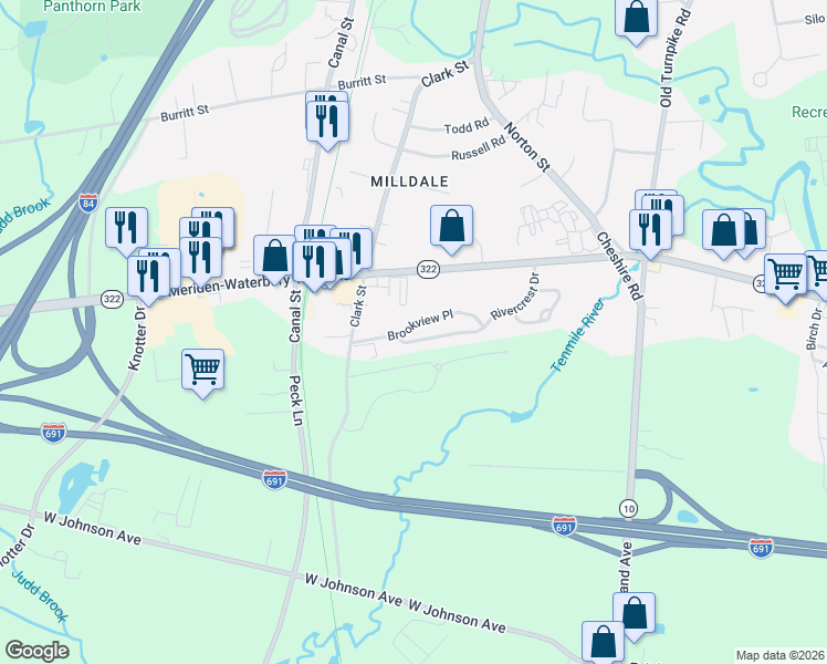 map of restaurants, bars, coffee shops, grocery stores, and more near 82 Brookview Place in Southington