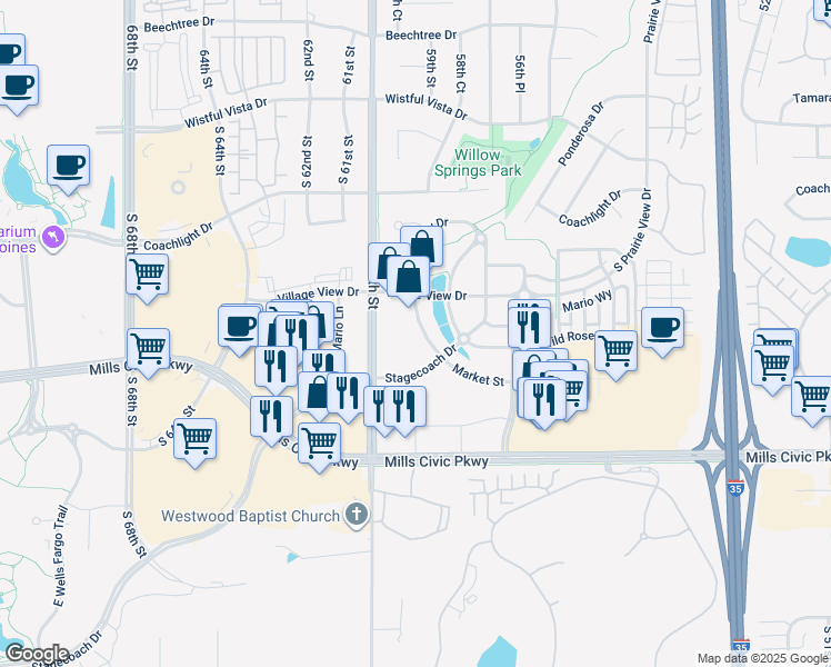 map of restaurants, bars, coffee shops, grocery stores, and more near 5905 Stagecoach Drive in West Des Moines
