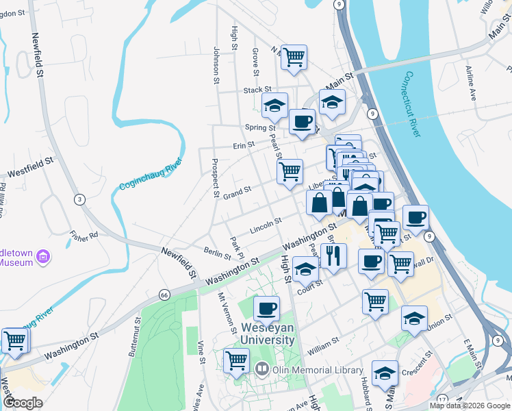 map of restaurants, bars, coffee shops, grocery stores, and more near 138 Liberty Street in Middletown