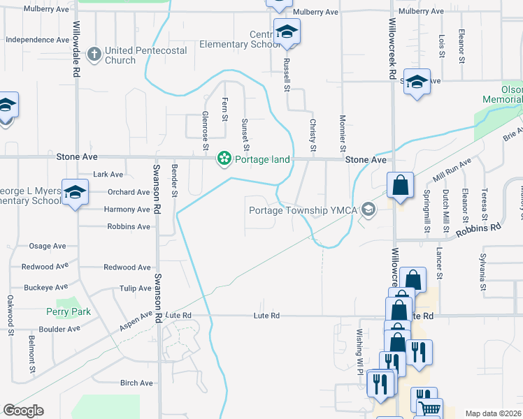 map of restaurants, bars, coffee shops, grocery stores, and more near 5841 Stone Avenue in Portage