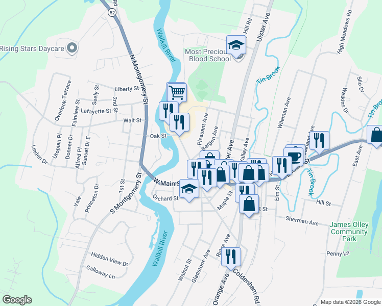 map of restaurants, bars, coffee shops, grocery stores, and more near 41 Oak Street in Walden