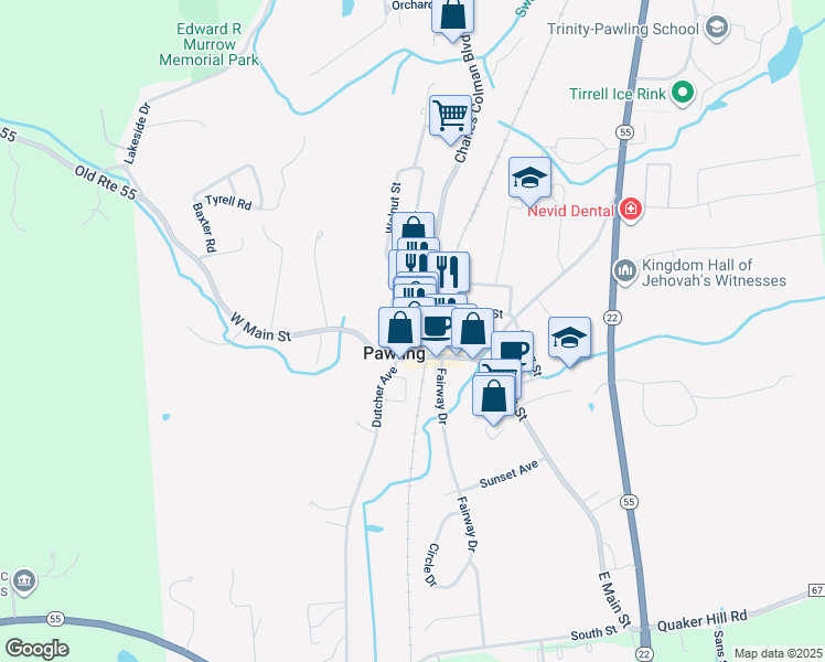 map of restaurants, bars, coffee shops, grocery stores, and more near 1 Oak Street in Pawling