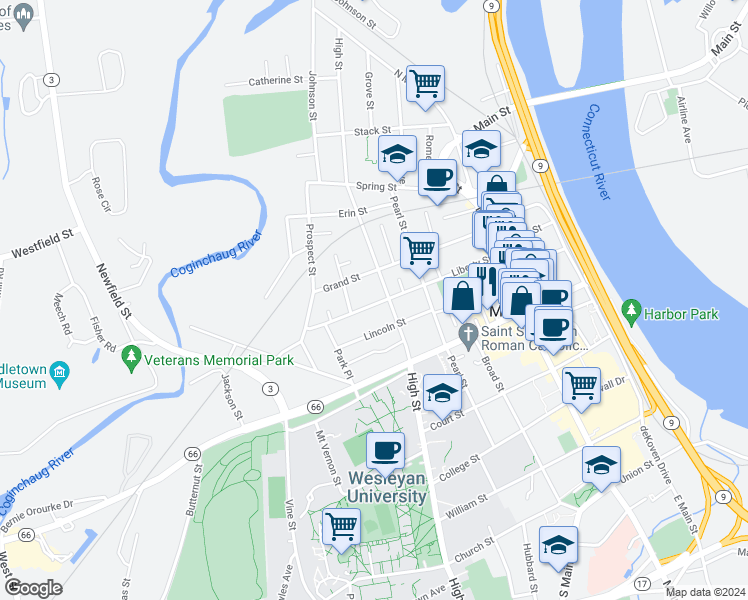 map of restaurants, bars, coffee shops, grocery stores, and more near 136 Liberty Street in Middletown