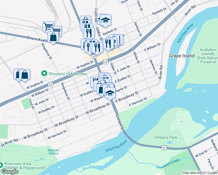 map of restaurants, bars, coffee shops, grocery stores, and more near 316 Conant Street in Maumee