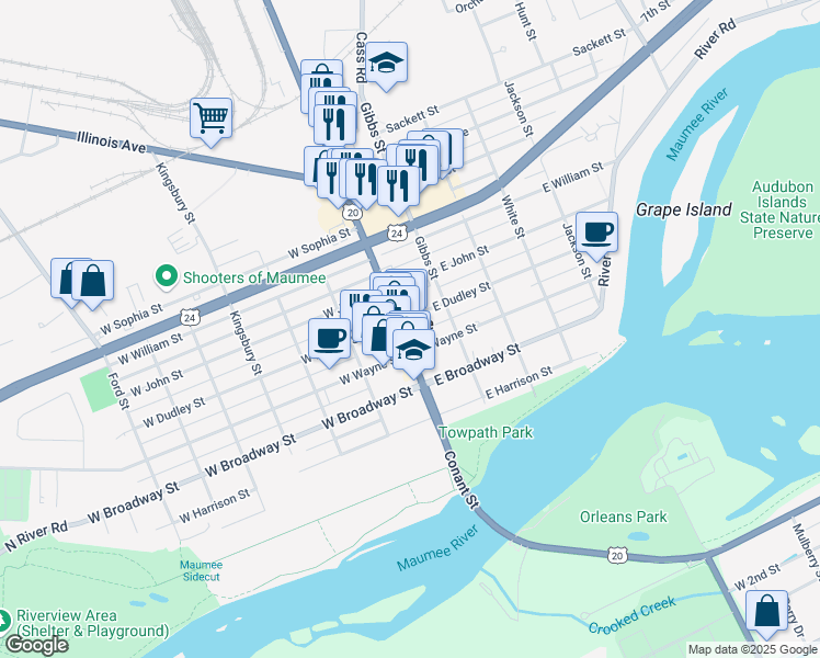 map of restaurants, bars, coffee shops, grocery stores, and more near 316 Conant Street in Maumee
