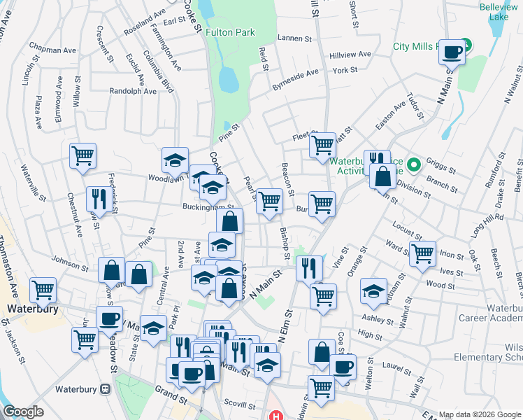map of restaurants, bars, coffee shops, grocery stores, and more near 60 Pearl Street in Waterbury