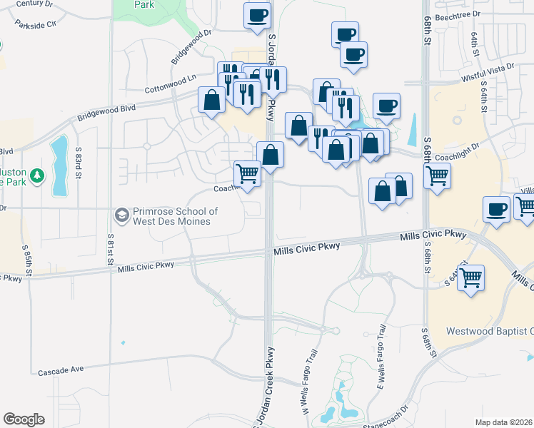 map of restaurants, bars, coffee shops, grocery stores, and more near 7475 Mills Civic Parkway in West Des Moines