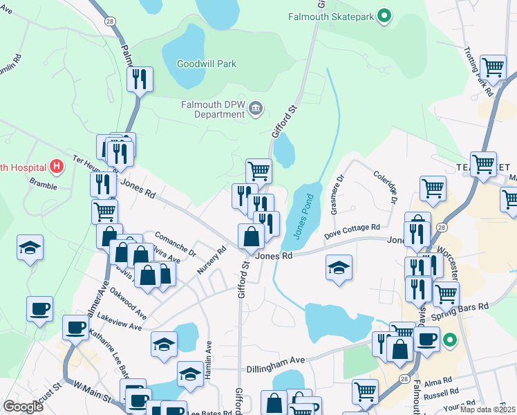 map of restaurants, bars, coffee shops, grocery stores, and more near 337 Gifford Street in Falmouth