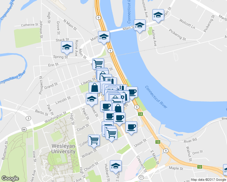 map of restaurants, bars, coffee shops, grocery stores, and more near 398 Main Street in Middletown