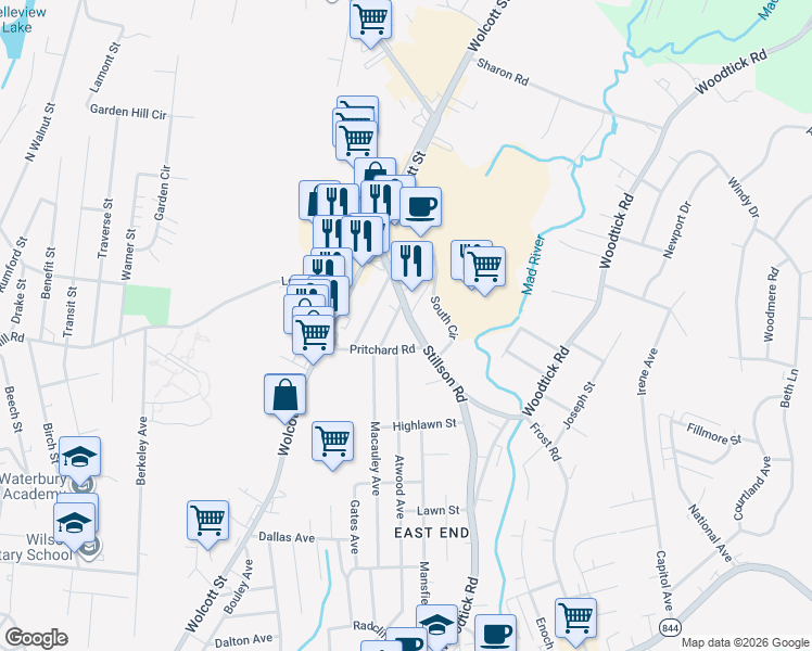 map of restaurants, bars, coffee shops, grocery stores, and more near 39 Pritchard Road in Waterbury