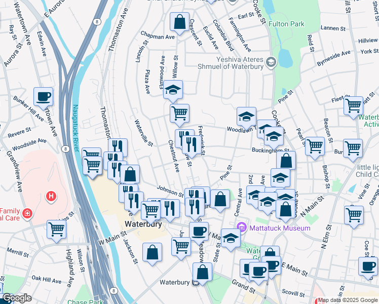 map of restaurants, bars, coffee shops, grocery stores, and more near 191 Hillside Avenue in Waterbury