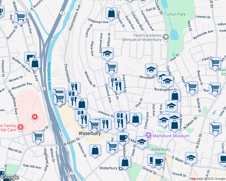 map of restaurants, bars, coffee shops, grocery stores, and more near 78 Chestnut Avenue in Waterbury