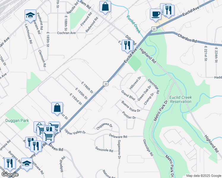 map of restaurants, bars, coffee shops, grocery stores, and more near 19730 Euclid Avenue in Euclid