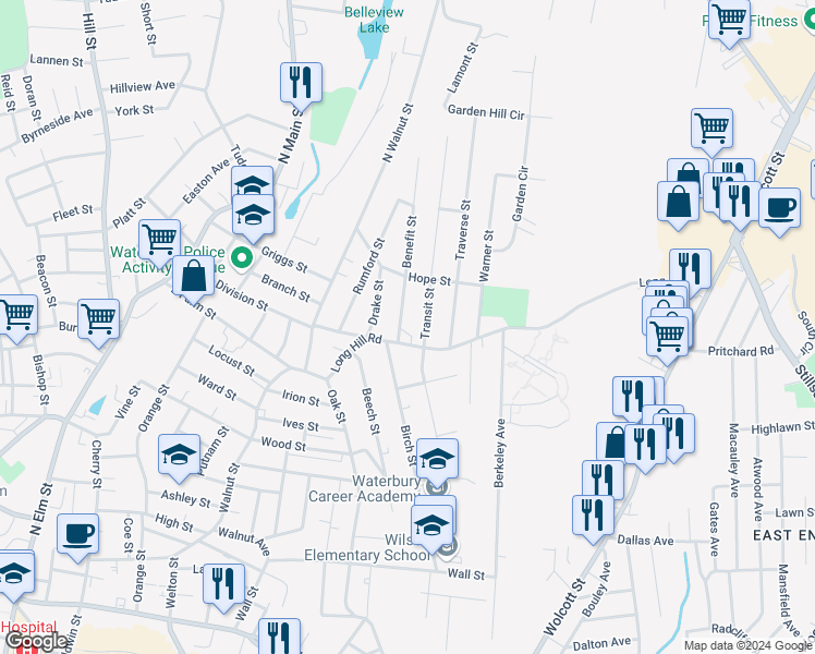 map of restaurants, bars, coffee shops, grocery stores, and more near 24 Benefit Street in Waterbury