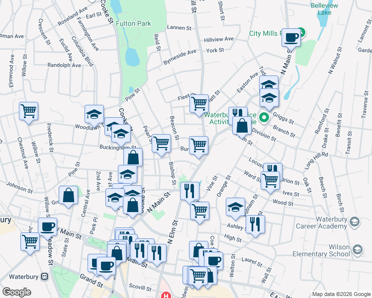 map of restaurants, bars, coffee shops, grocery stores, and more near 57 Burton Street in Waterbury