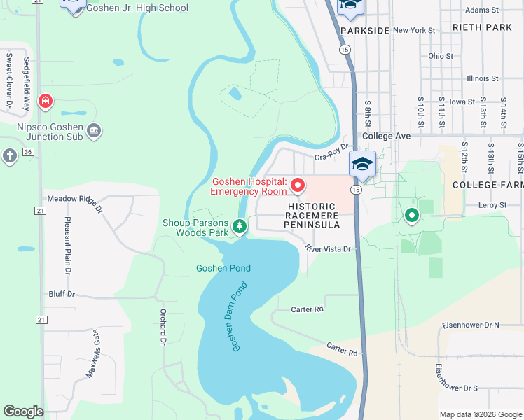map of restaurants, bars, coffee shops, grocery stores, and more near 413 River Vista Drive in Goshen