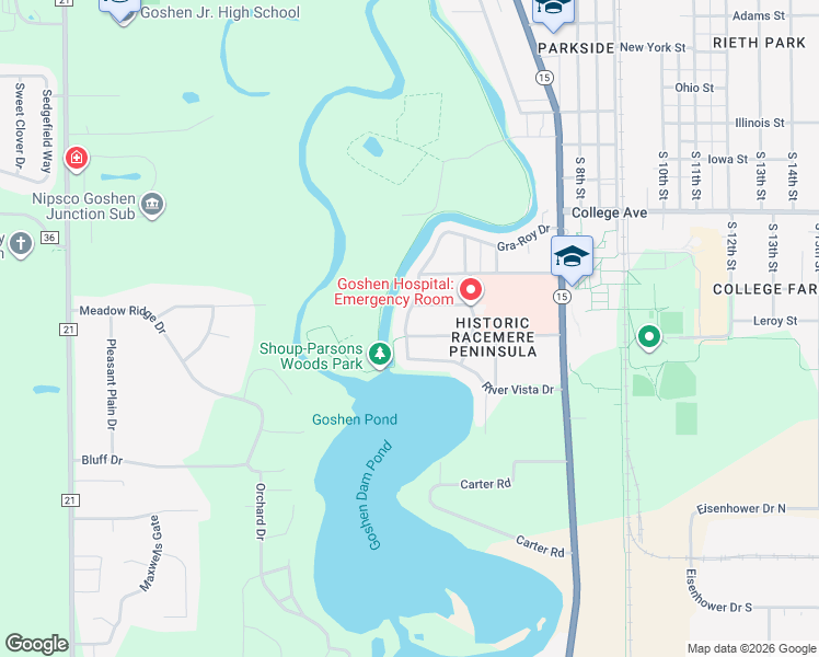 map of restaurants, bars, coffee shops, grocery stores, and more near 413 River Vista Drive in Goshen