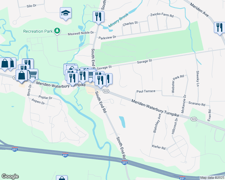 map of restaurants, bars, coffee shops, grocery stores, and more near 822 Meriden-Waterbury Turnpike in Southington