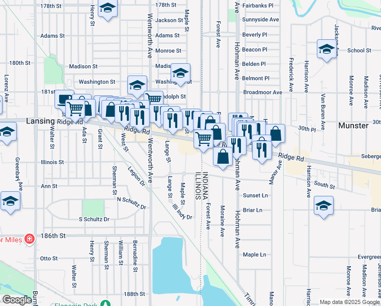 map of restaurants, bars, coffee shops, grocery stores, and more near 18335 Maple Street in Lansing
