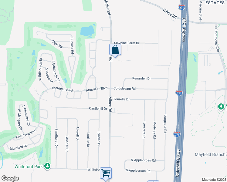 map of restaurants, bars, coffee shops, grocery stores, and more near 351 Miner Road in Highland Heights