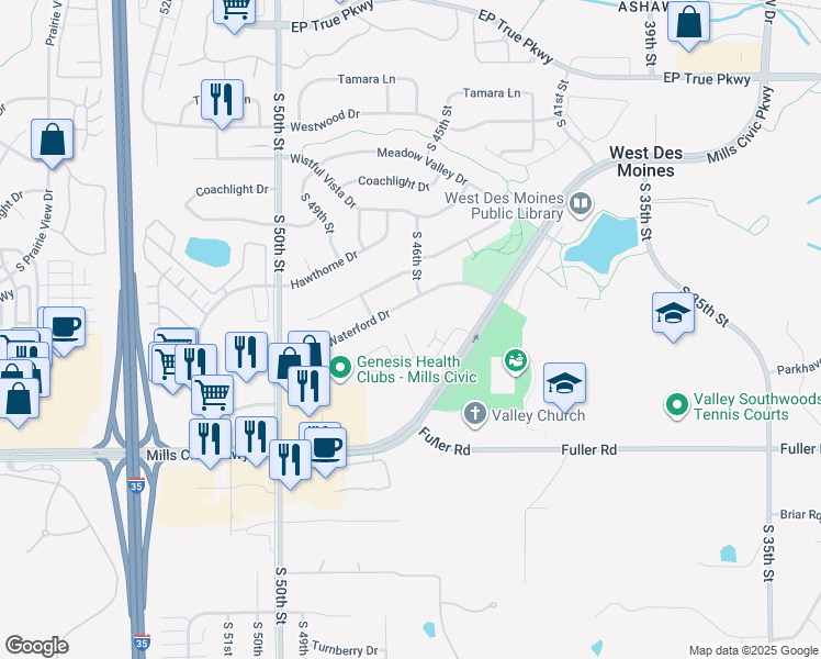 map of restaurants, bars, coffee shops, grocery stores, and more near 4723 Waterford Drive in West Des Moines
