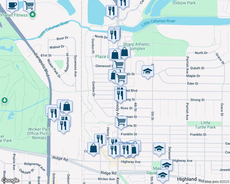 map of restaurants, bars, coffee shops, grocery stores, and more near 8232 Kennedy Avenue in Highland
