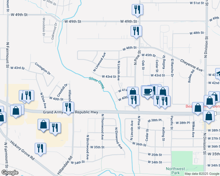 map of restaurants, bars, coffee shops, grocery stores, and more near 4140 North Linwood Avenue in Davenport