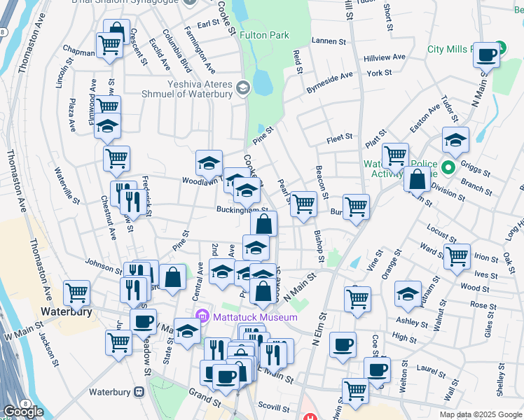map of restaurants, bars, coffee shops, grocery stores, and more near 197 Cooke Street in Waterbury
