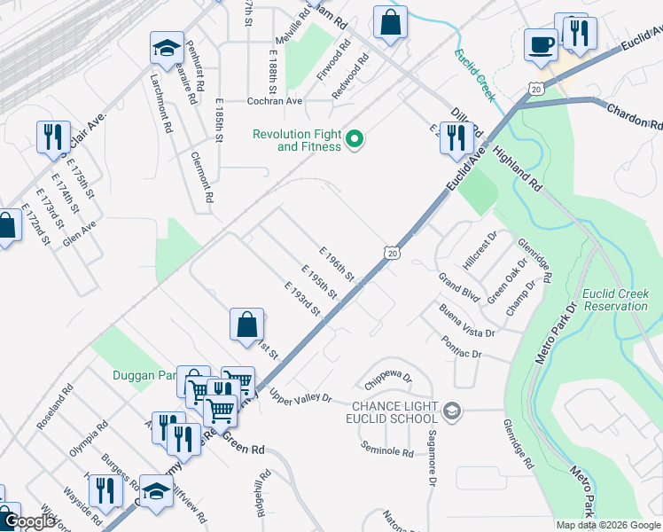 map of restaurants, bars, coffee shops, grocery stores, and more near 1535 East 196th Street in Euclid