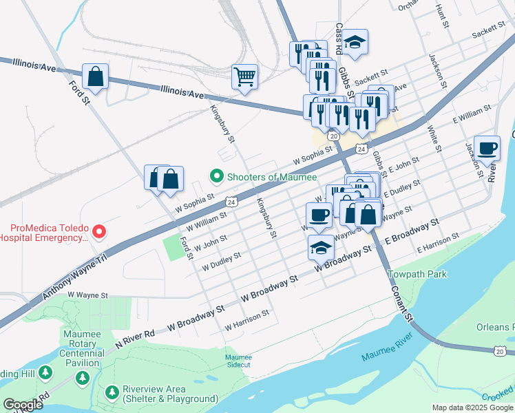 map of restaurants, bars, coffee shops, grocery stores, and more near 404 West Sophia Street in Maumee