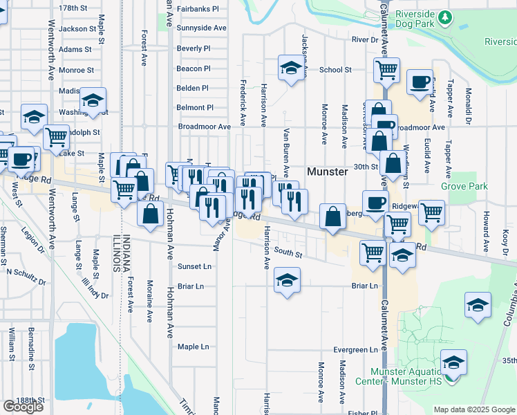map of restaurants, bars, coffee shops, grocery stores, and more near 8200 Harrison Avenue in Munster