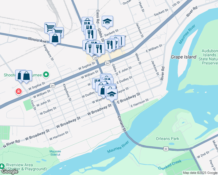 map of restaurants, bars, coffee shops, grocery stores, and more near 322 U.S. 20 in Maumee