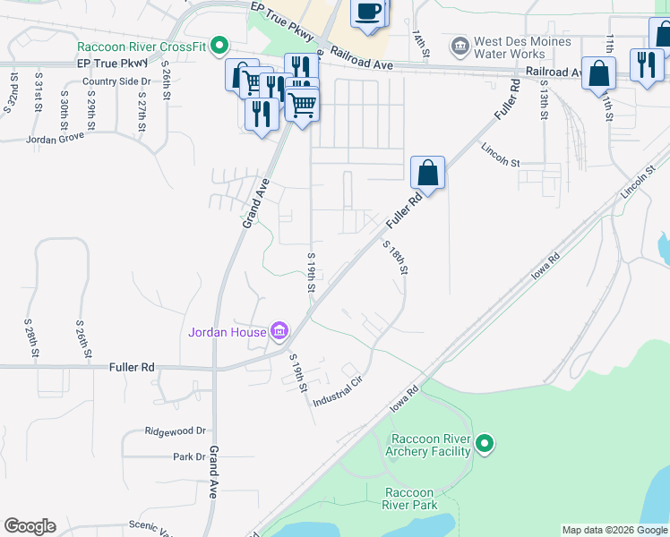 map of restaurants, bars, coffee shops, grocery stores, and more near 1801 Fuller Road in West Des Moines